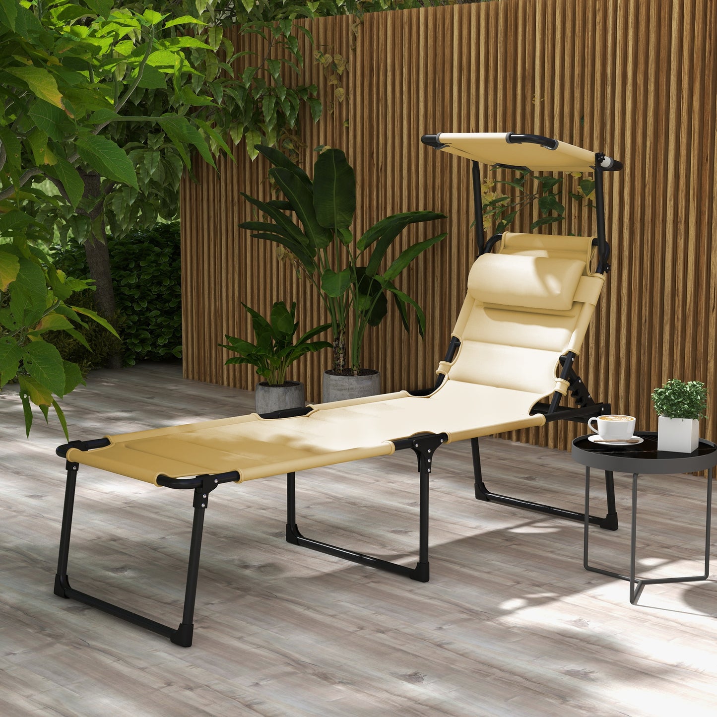 Folding Outdoor Lounge Chair with Adjustable Backrest & Sun Shade - Cream White