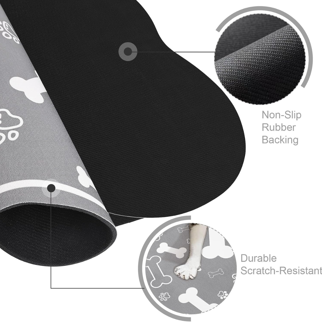Pet Feeding Mat with Non-Slip Rubber Backing, Super Absorbent Dog & Cat Water Bowl Pad - Grey
