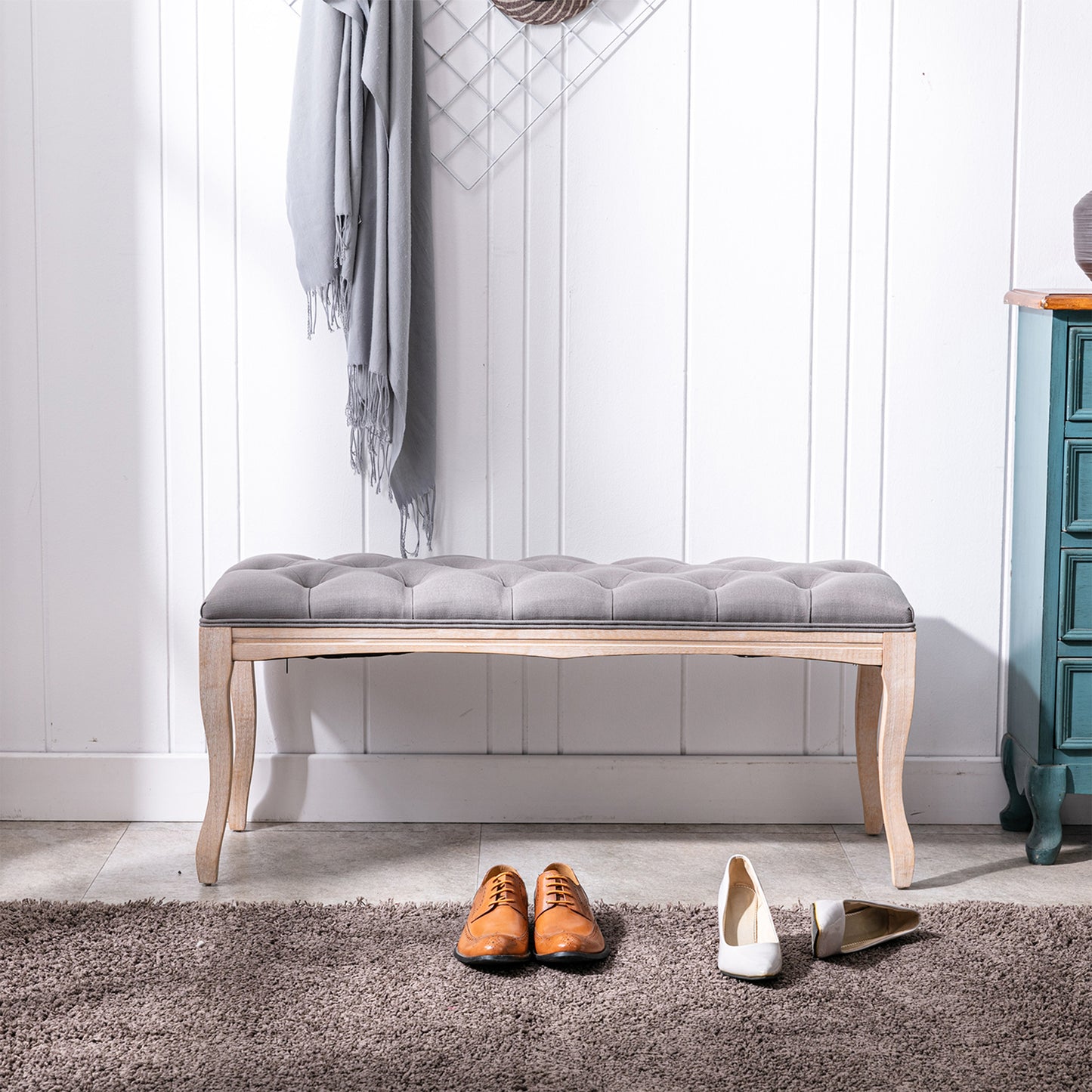 French Vintage Upholstered Bench - Grey Linen, 43.3"