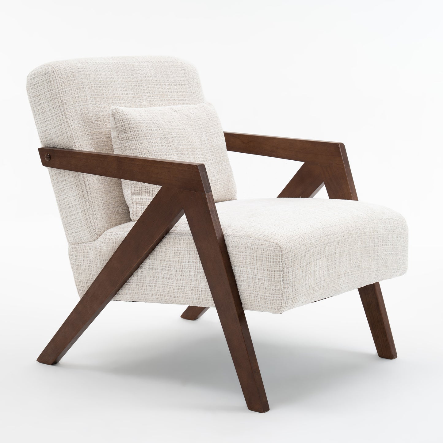 Mid-Century Modern Accent Chair - Solid Wood & Upholstered Chenille - Beige