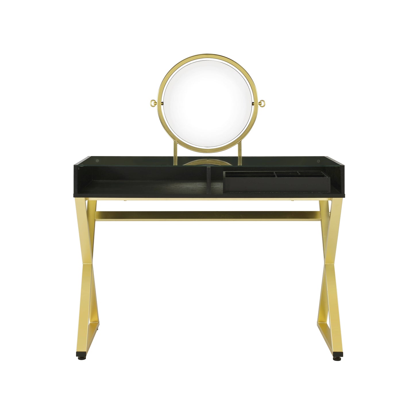 Black & Gold Finish Vanity Desk with Mirror & Jewelry Tray