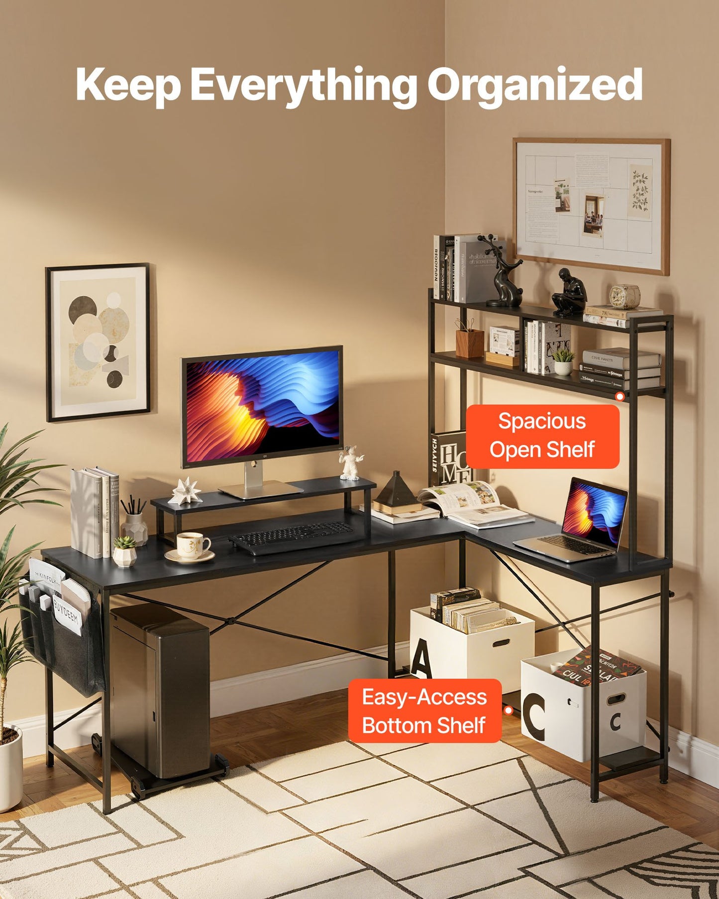 Reversible L-Shaped Computer Desk with Monitor Stand & CPU Holder - 67 Inch Home Office Gaming Desk