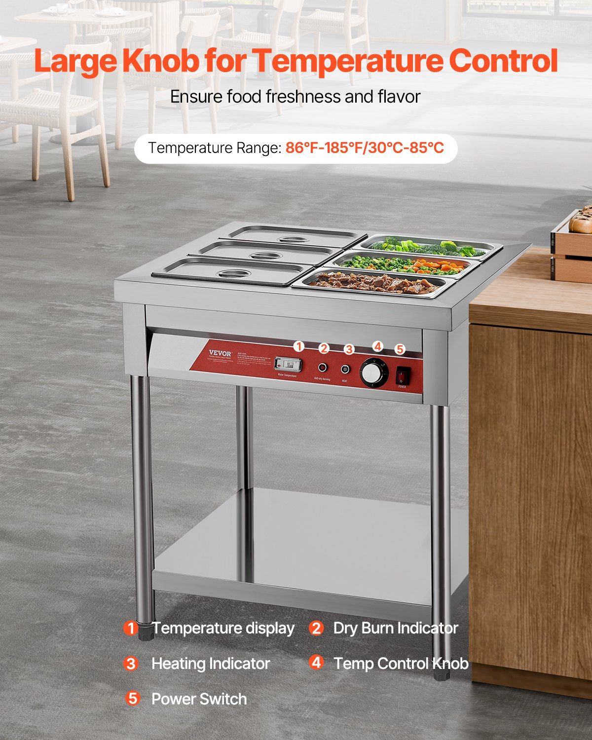 Commercial Electric Food Warmer with 6 Pans & Undershelf, Silver