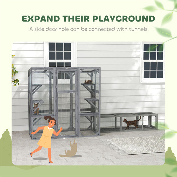 Large Cat Cage with Platforms, Easy Assembly, Sunproof Fir Wood - Gray