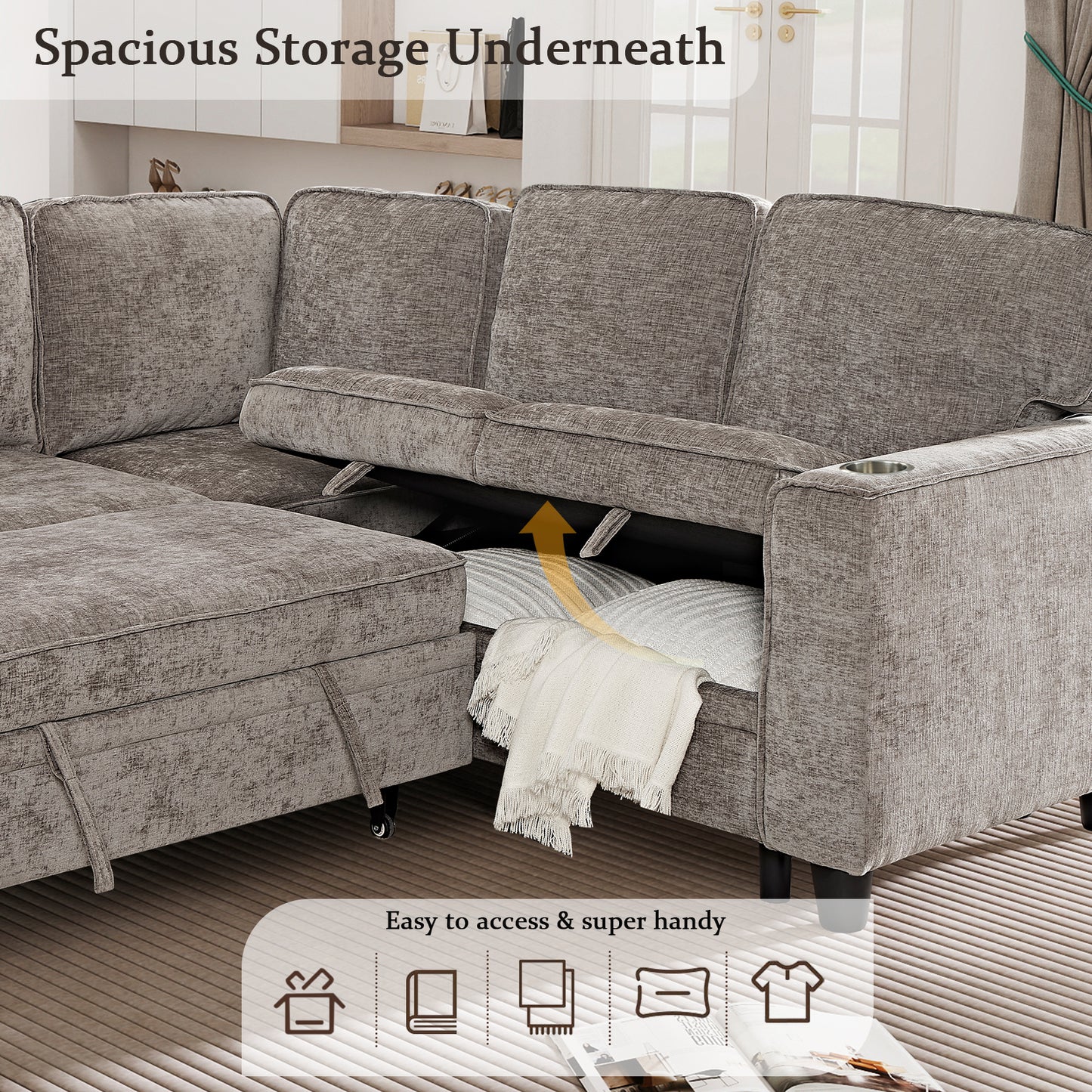 L-Shaped Sofa Bed with Storage & USB Ports - Light Brown
