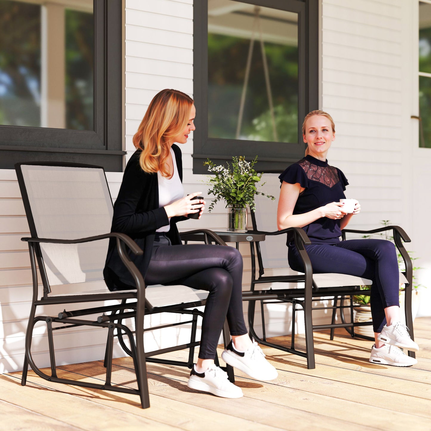 Outdoor Glider Chair Swing Loveseat with Coffee Table - Beige