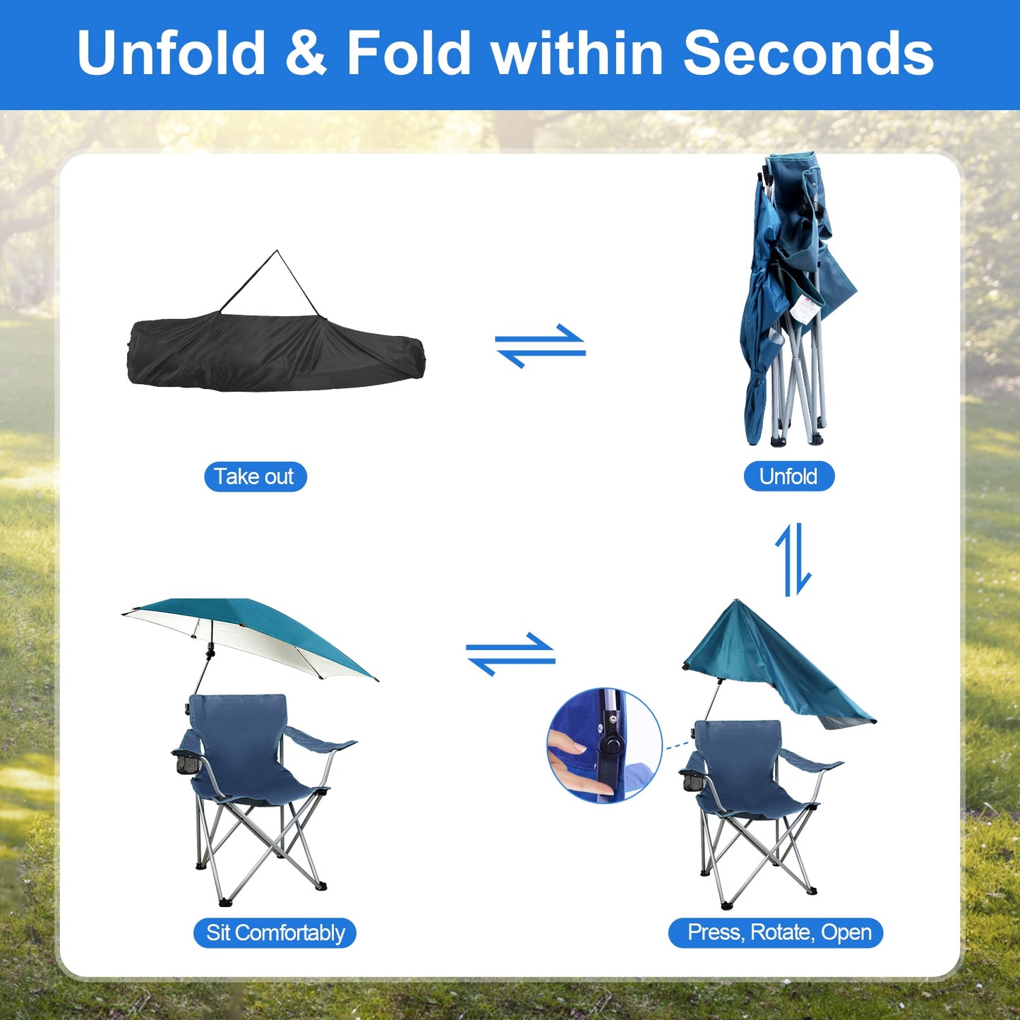 Foldable Beach Chair with Canopy and Cup Holder - Multiple Colors