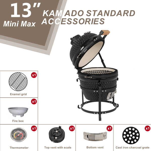 13in Round Charcoal Ceramic Grill Black for Outdoor Barbecue