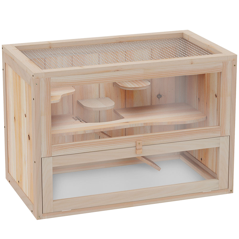 2-Level Small Animal Cage for Hamsters Mice Rodents with Open Top & Ramps - Nature Wood
