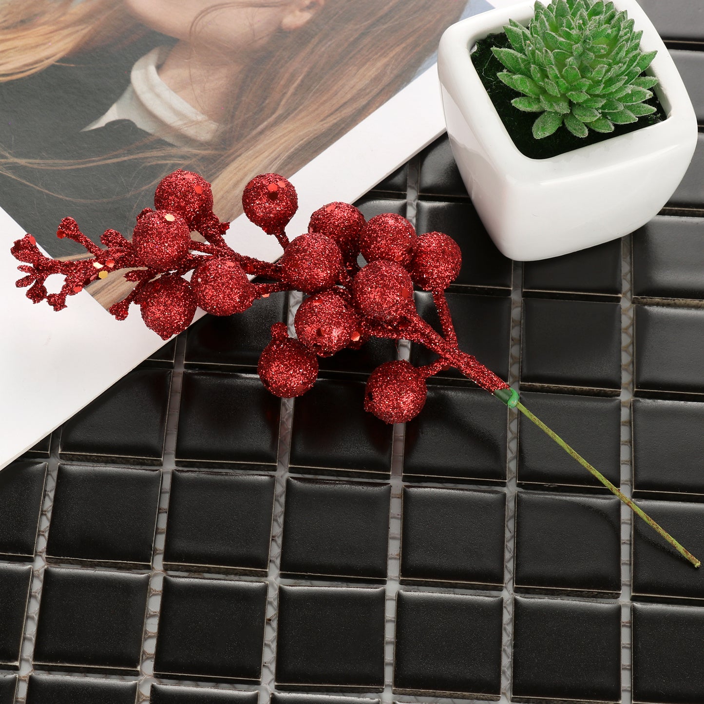 3Pcs Red Xmas Tree Decoration Berries with Shining Sequins