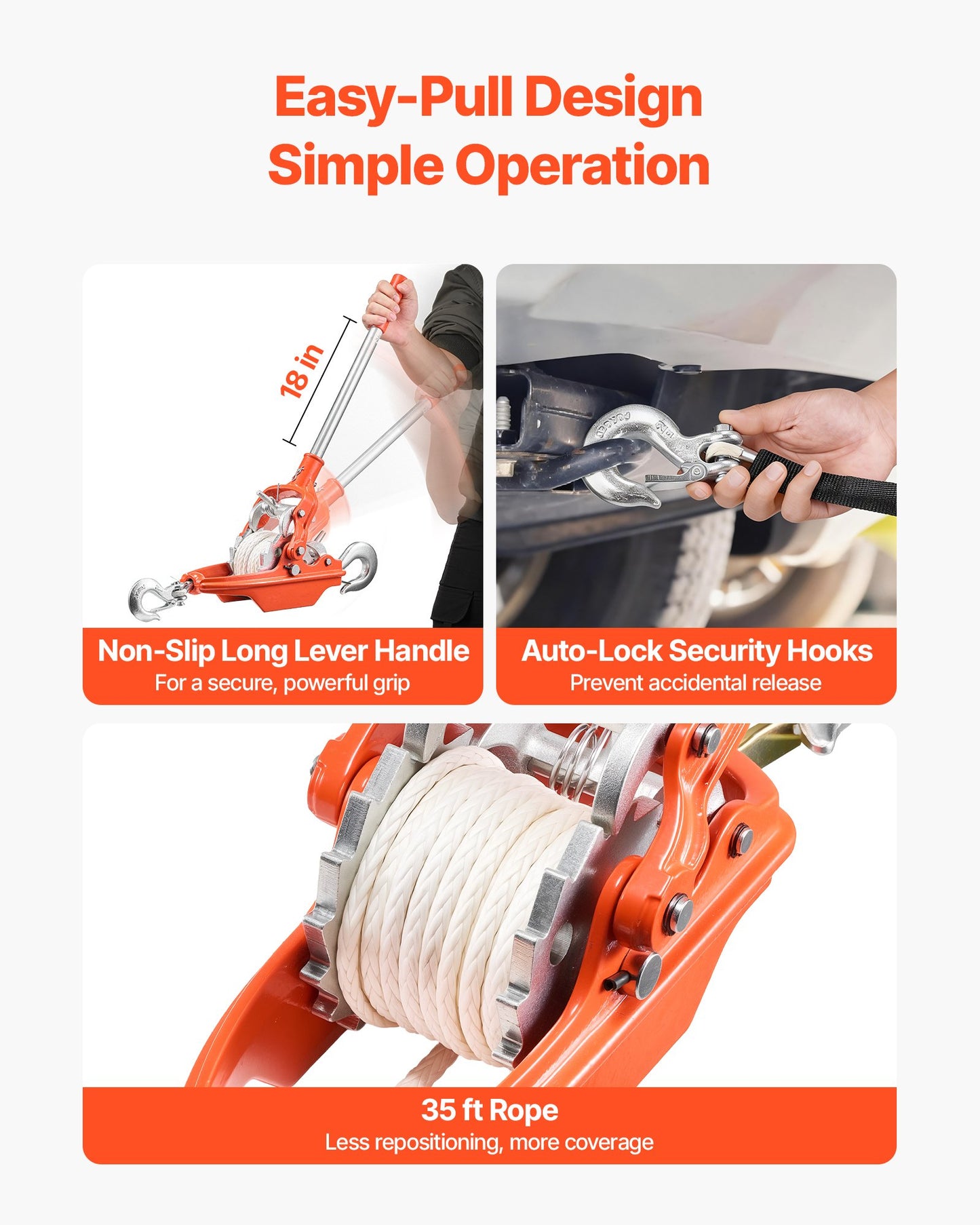 Heavy Duty Rope Puller 6614 Lb Capacity Ratchet Winch with 35 Ft Rope & Hooks