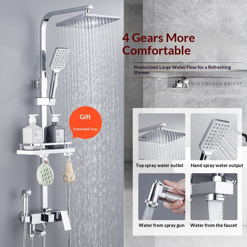 All-Copper Pressurized Shower Set with Four Functions - Chrome Finish