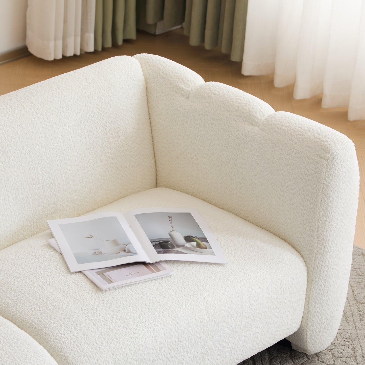 3-Seater Boucle Sofa with Wave Design - White