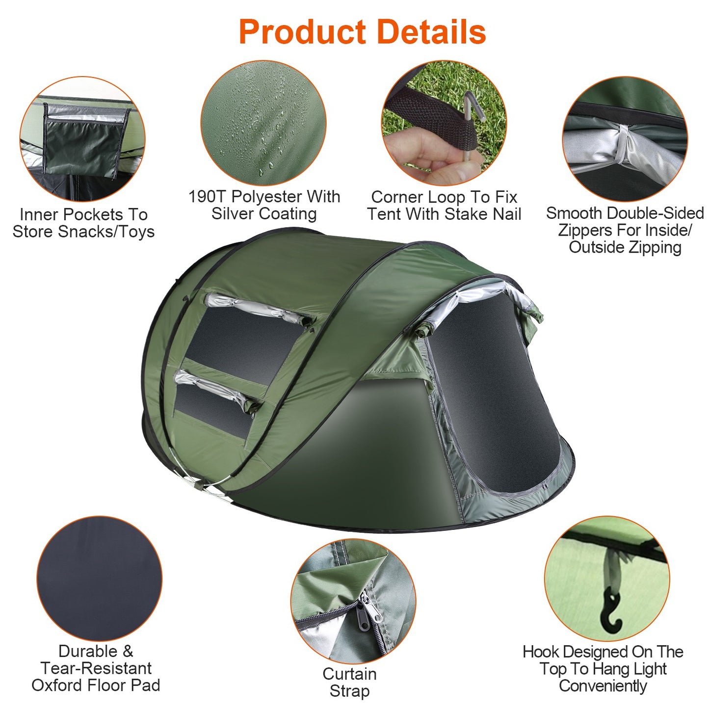 5-8 Person Automatic Pop-Up Camping Tent - Waterproof Khaki