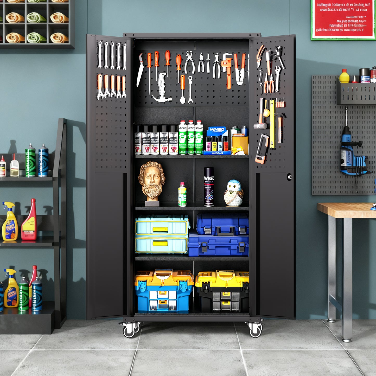 71 All-Black Metal Garage Storage Cabinet With Wheels - Heavy-Duty