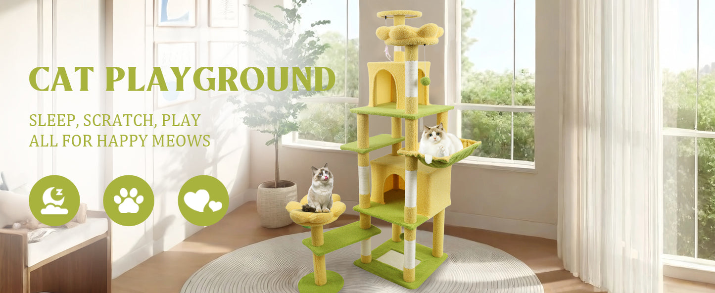 72-Inch Flower Cat Tree with Large Condo, Removable Flower Cushion & Hammock - Yellow