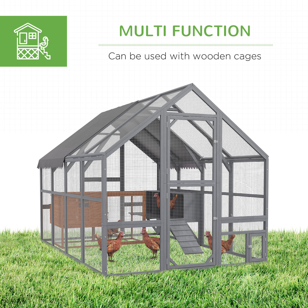 Large Chicken Coop with Nesting Box and Water-Resistant Cover - Gray, 1240x740x225mm