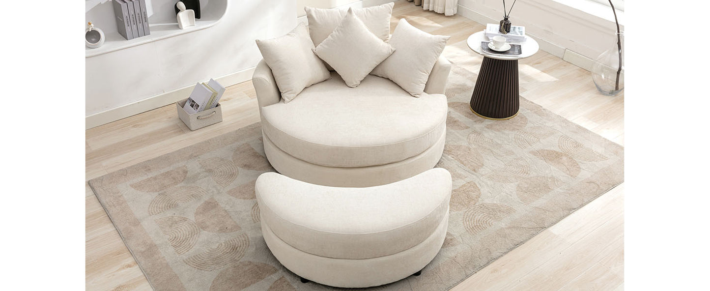360° Swivel Accent Barrel Chair with Storage Ottoman & 4 Pillows - Cream