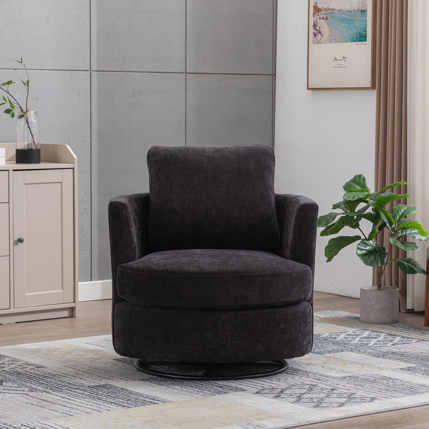 Chenille Swivel Accent Barrel Chair - Comfy Round Sofa Chair in Black