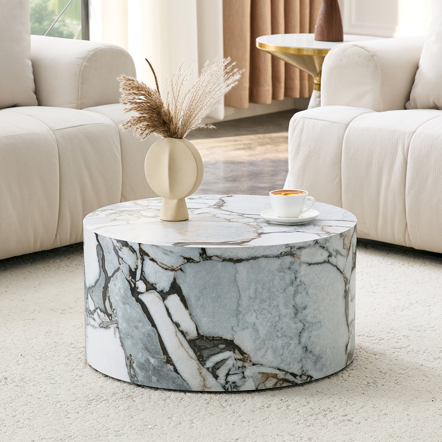 A Simple White Marble Textured Cylindrical Coffee Table, 23.6 Inches