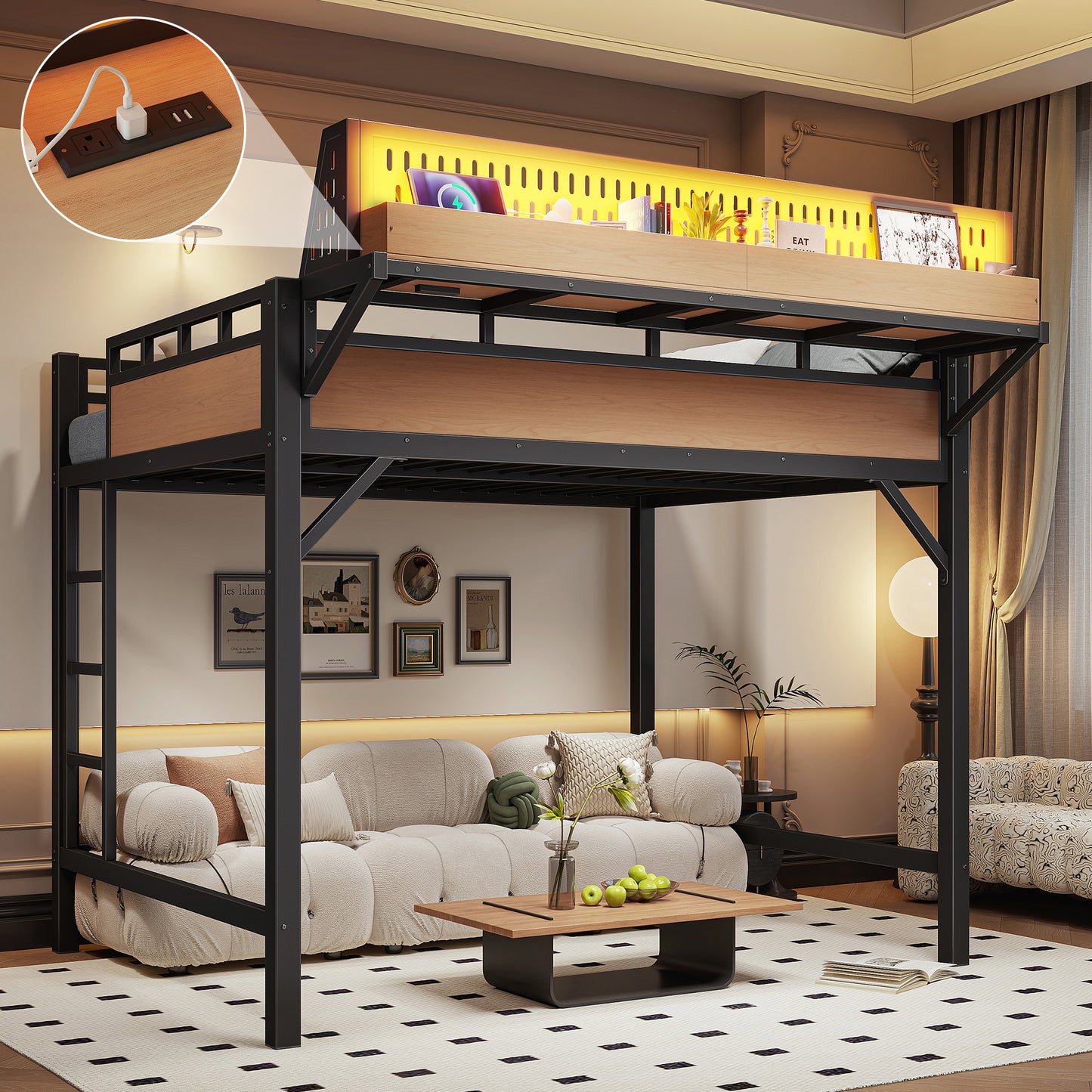 Full Size Metal Loft Bed with Storage, USB Ports & LED Lights - Natural