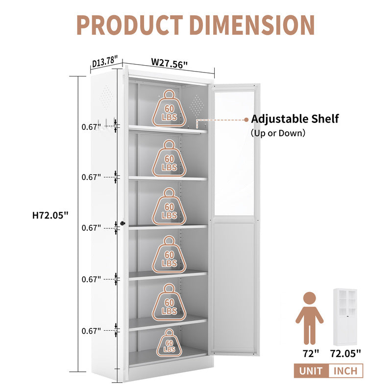 72-Inch White Metal Pantry Cabinet with Adjustable Shelves