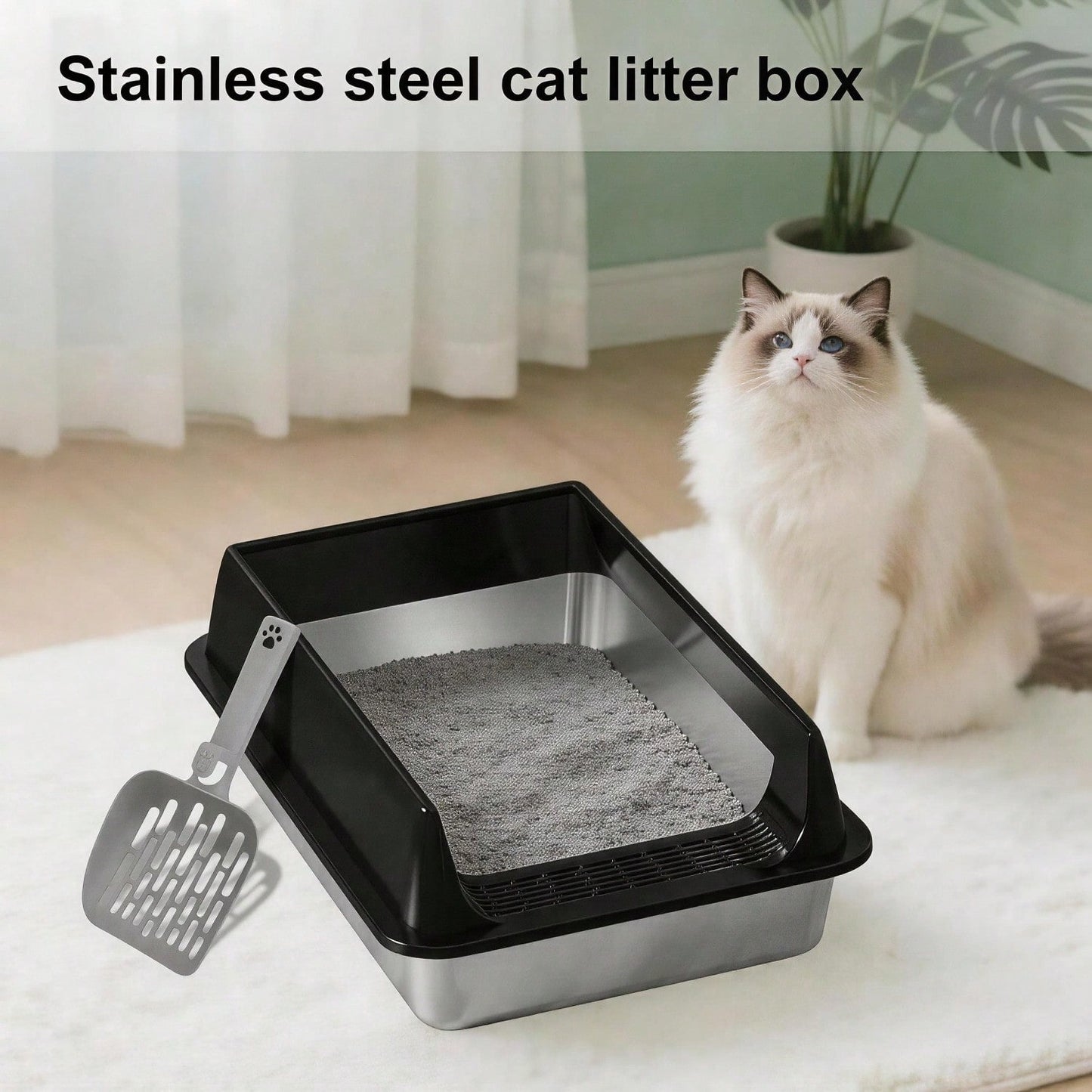 Stainless Steel Cat Litter Box Large Open Top Anti Splash & Odor Resistant