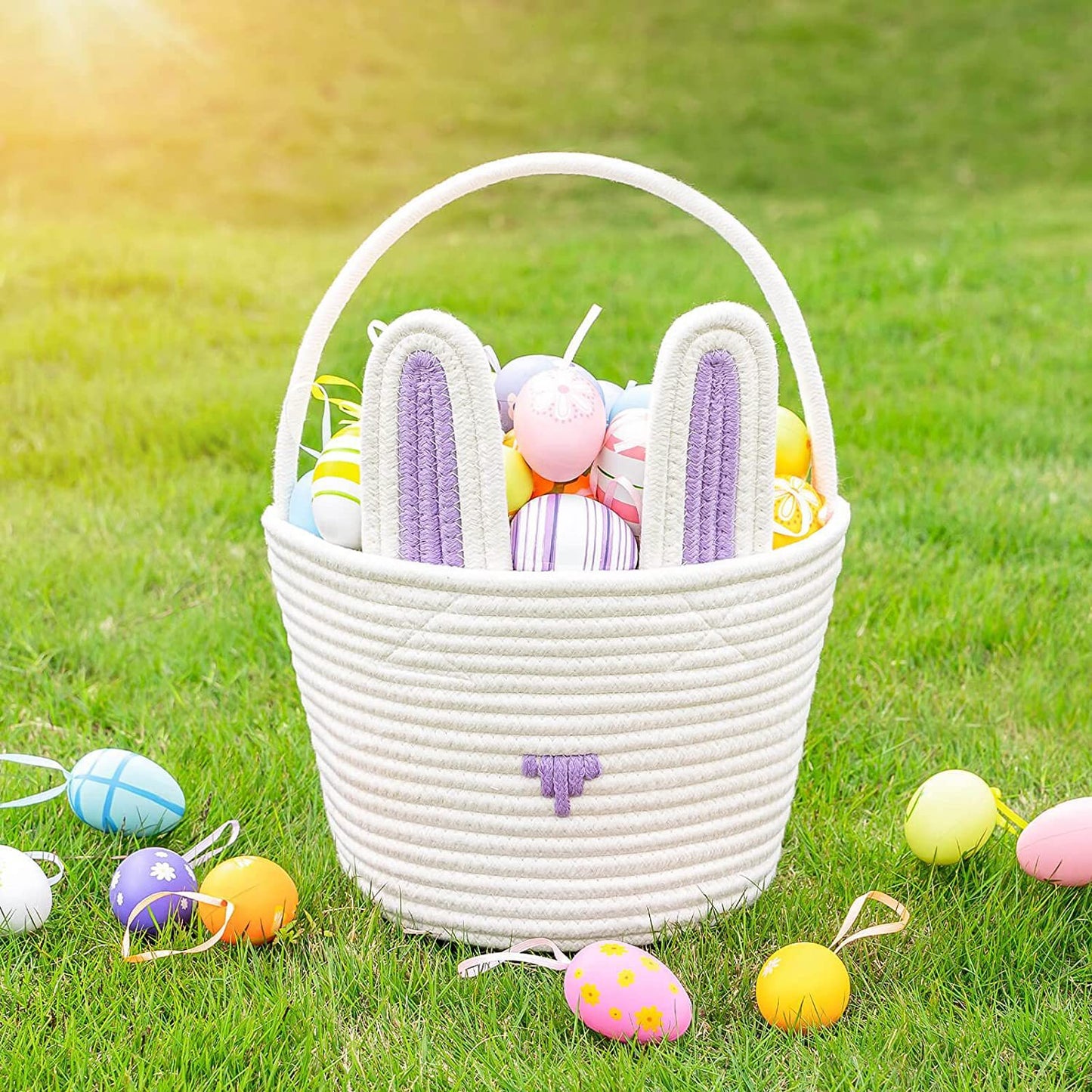 Easter Egg Handwoven Cotton Basket with Cartoon Rabbit Design – Multi-Color Storage Bag