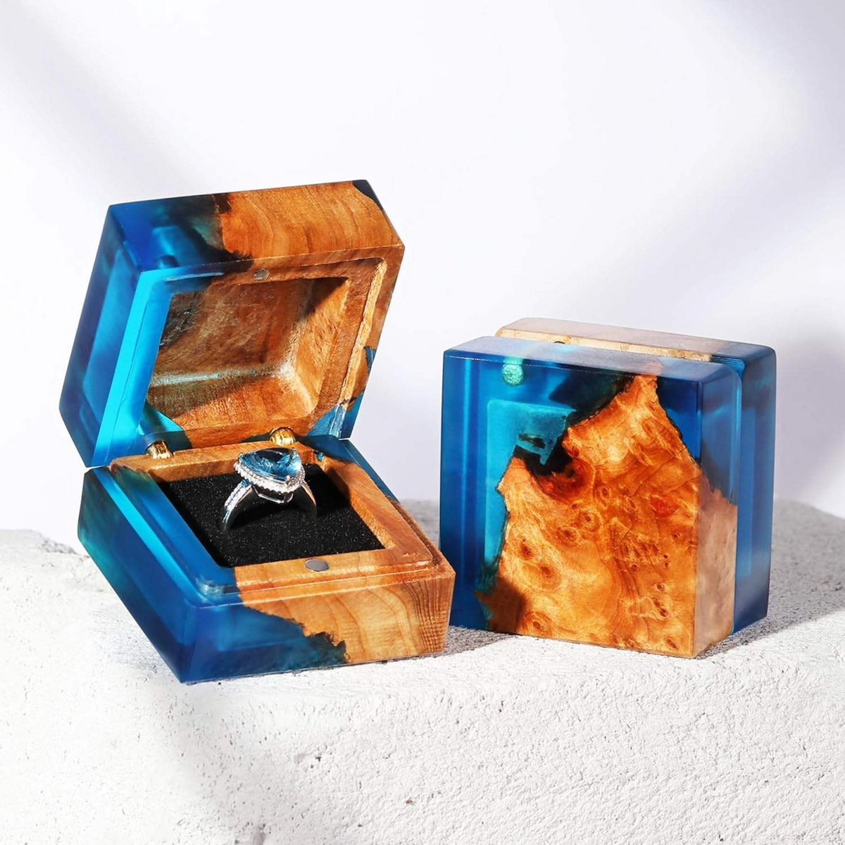 Wood Resin Ring Box - Blue Jewelry Storage Container for Engagement & Gift