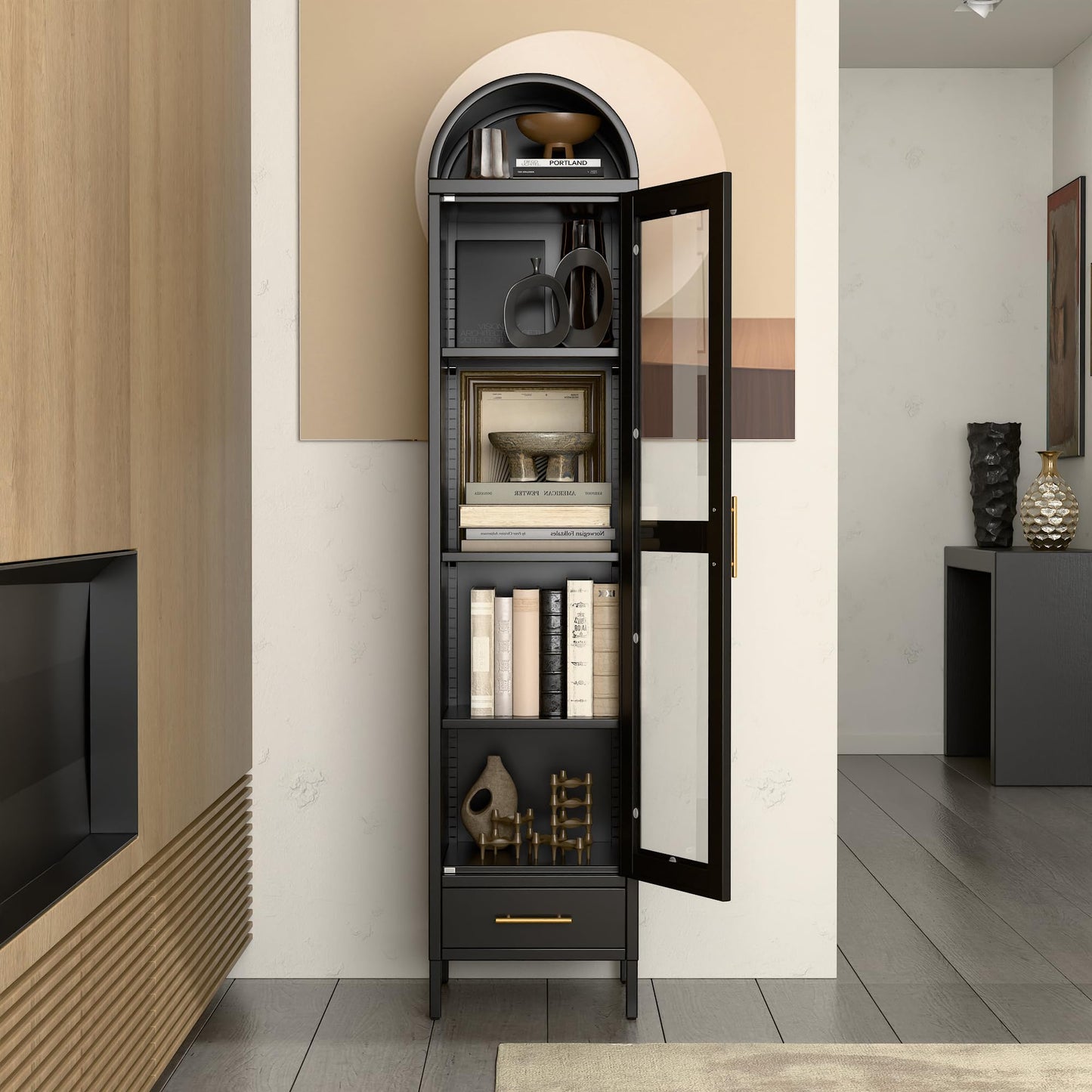 73'' Metal Arched Bookcase Cabinet with Glass Doors & Drawer - Black