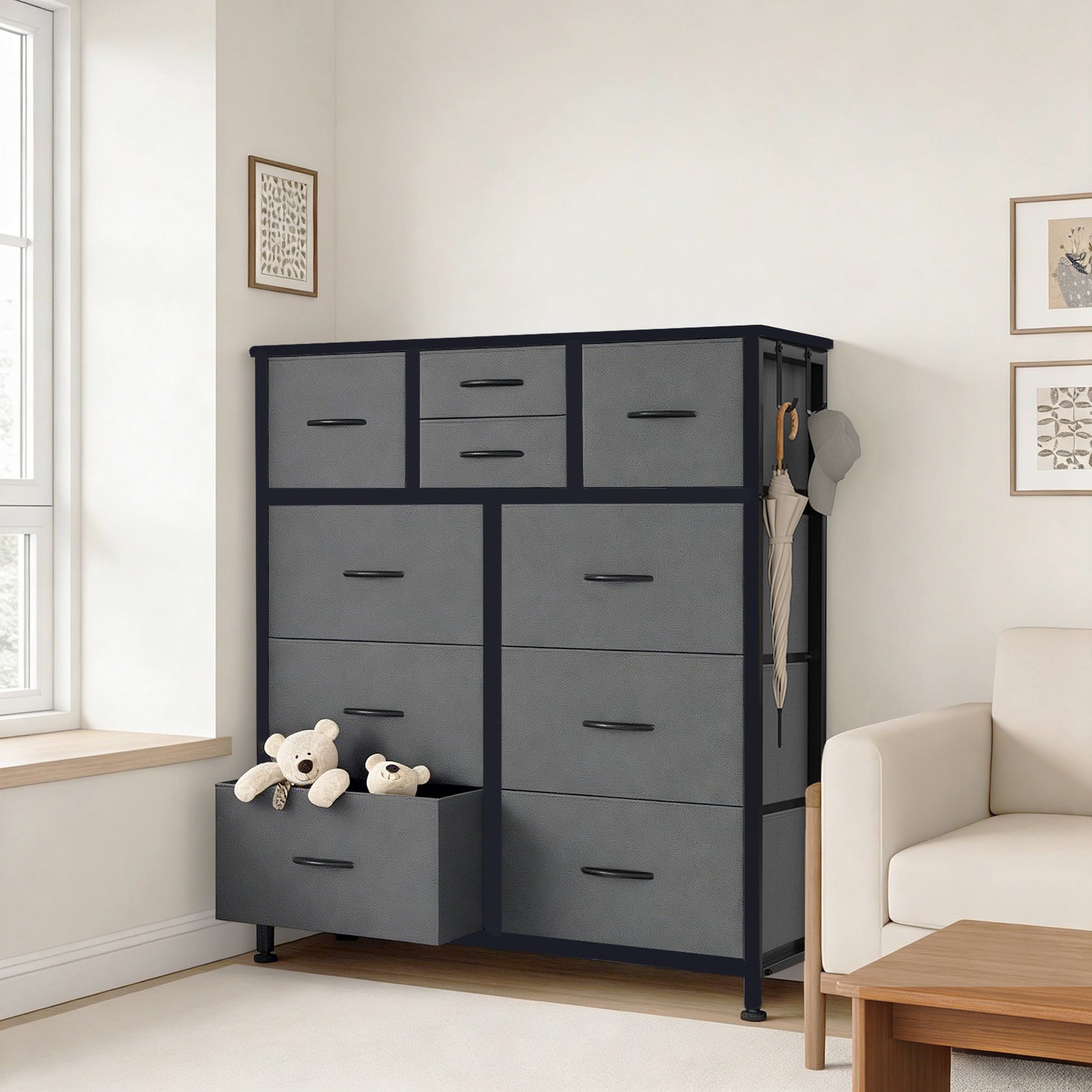 10-Drawer Storage Cabinet with Side Pocket & Hooks - Gray