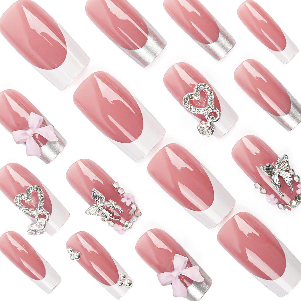 Women's Fake Nail Kit with Heart, Bow, Butterfly Designs - Detachable French Nails