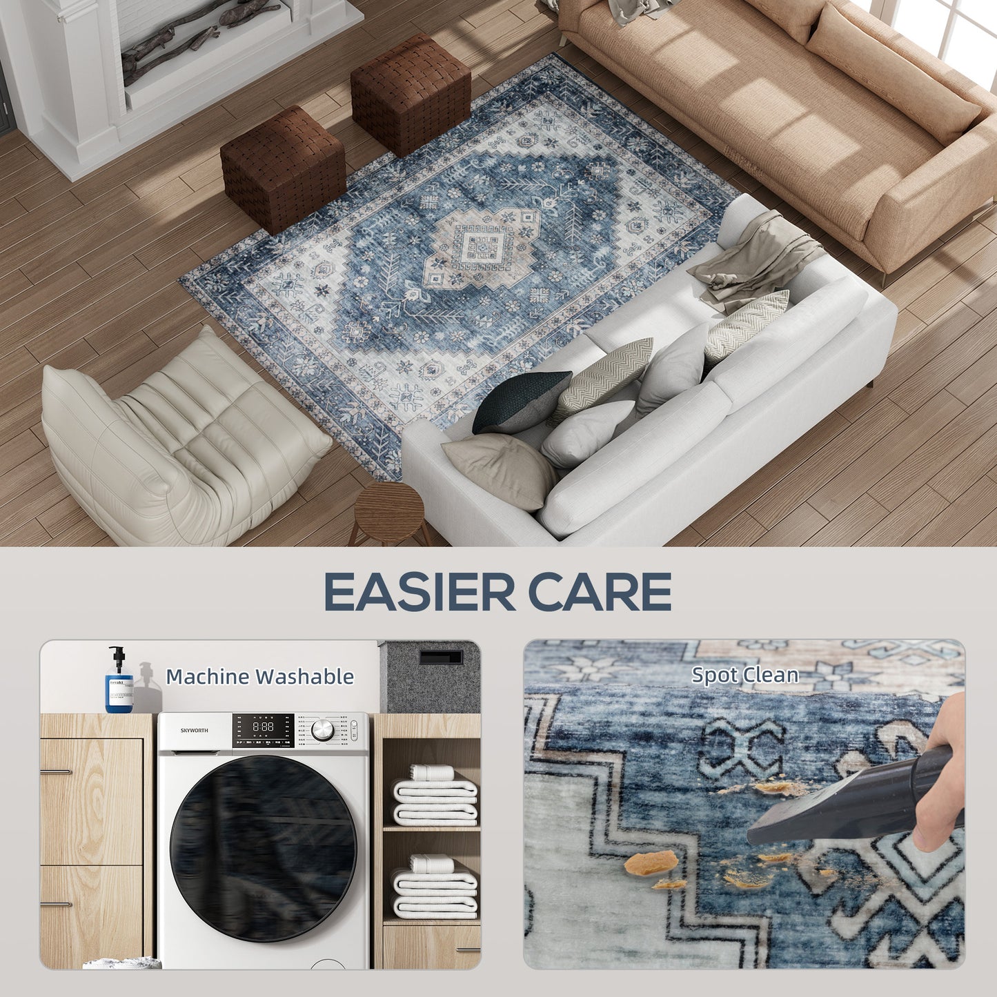 Vintage Blue Area Rug 4x6 - Washable Non-Slip Carpet