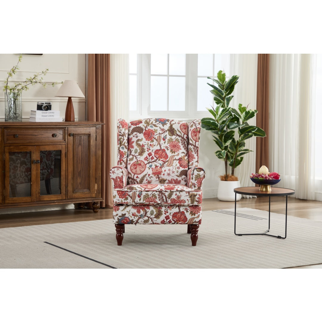 Floral Accent Chair with Retro Wood Legs - Bean Paste Red