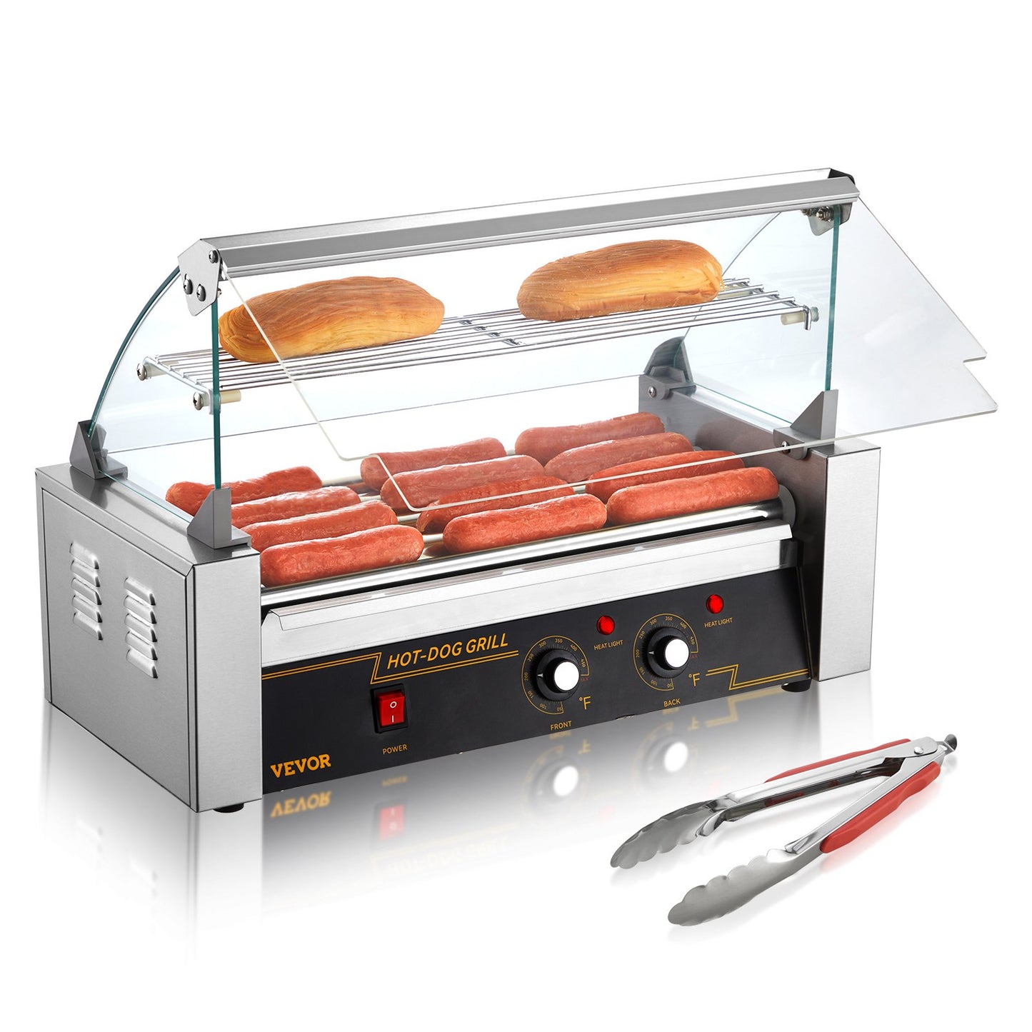 Commercial Hot Dog Roller Grill - 5 Non-Stick Rollers, 12 Hot Dogs Capacity, Stainless Steel, Dual Temperature Control, Silver