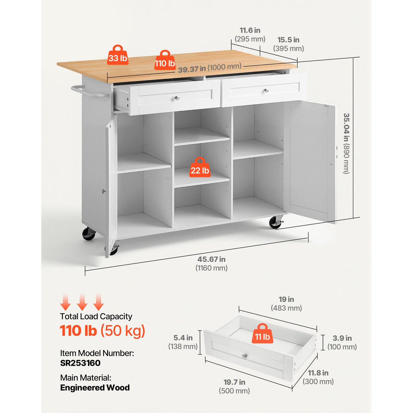 Kitchen Island Cart with Storage and Drop Leaf - Mobile White Utility Table with Drawers and Towel Rack