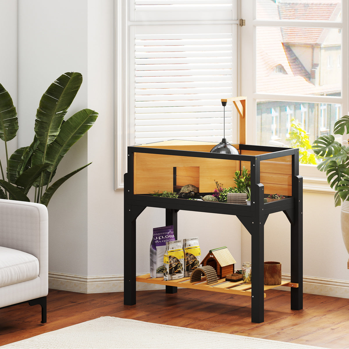 Wooden Tortoise Habitat Enclosure with Storage Shelf and Clear Windows - Yellow