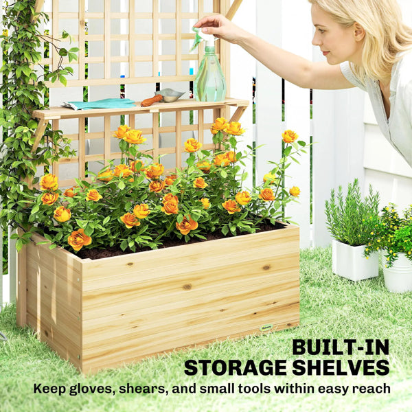 Raised Garden Bed with Trellis and Storage Shelves - Natural Wood