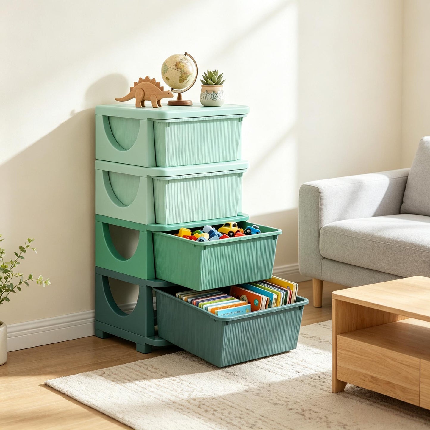 Child-Friendly Toy Storage Organizer - Green Multi-Tier Unit