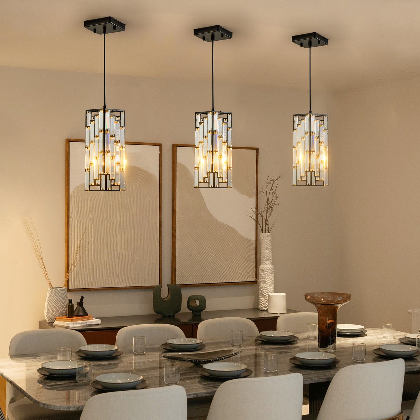 Modern Crystal Pendant Light - 3 Pack Adjustable Ceiling Lamp
