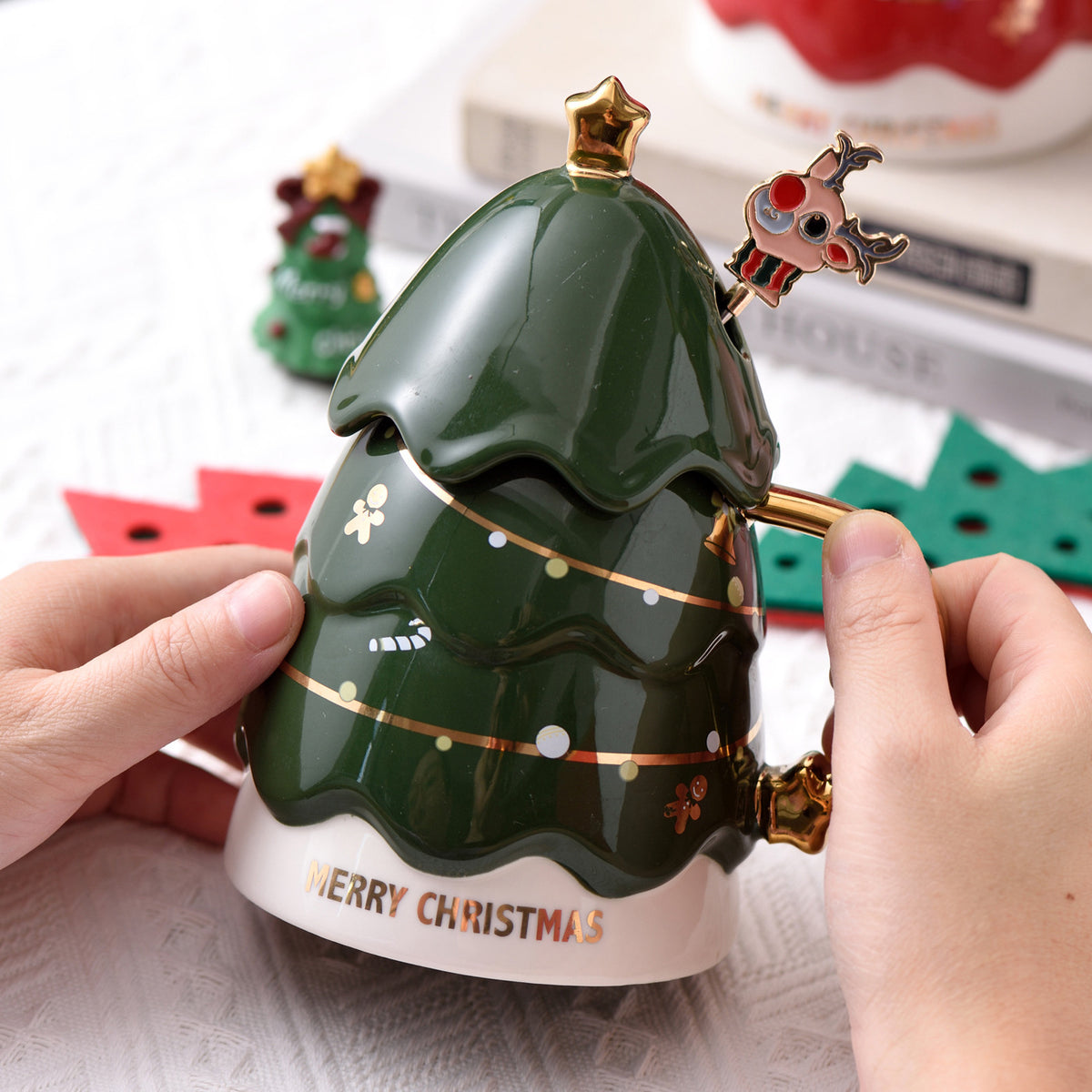 Christmas Tree Mug with Lid and Spoon - Holiday Ceramic Drinkware
