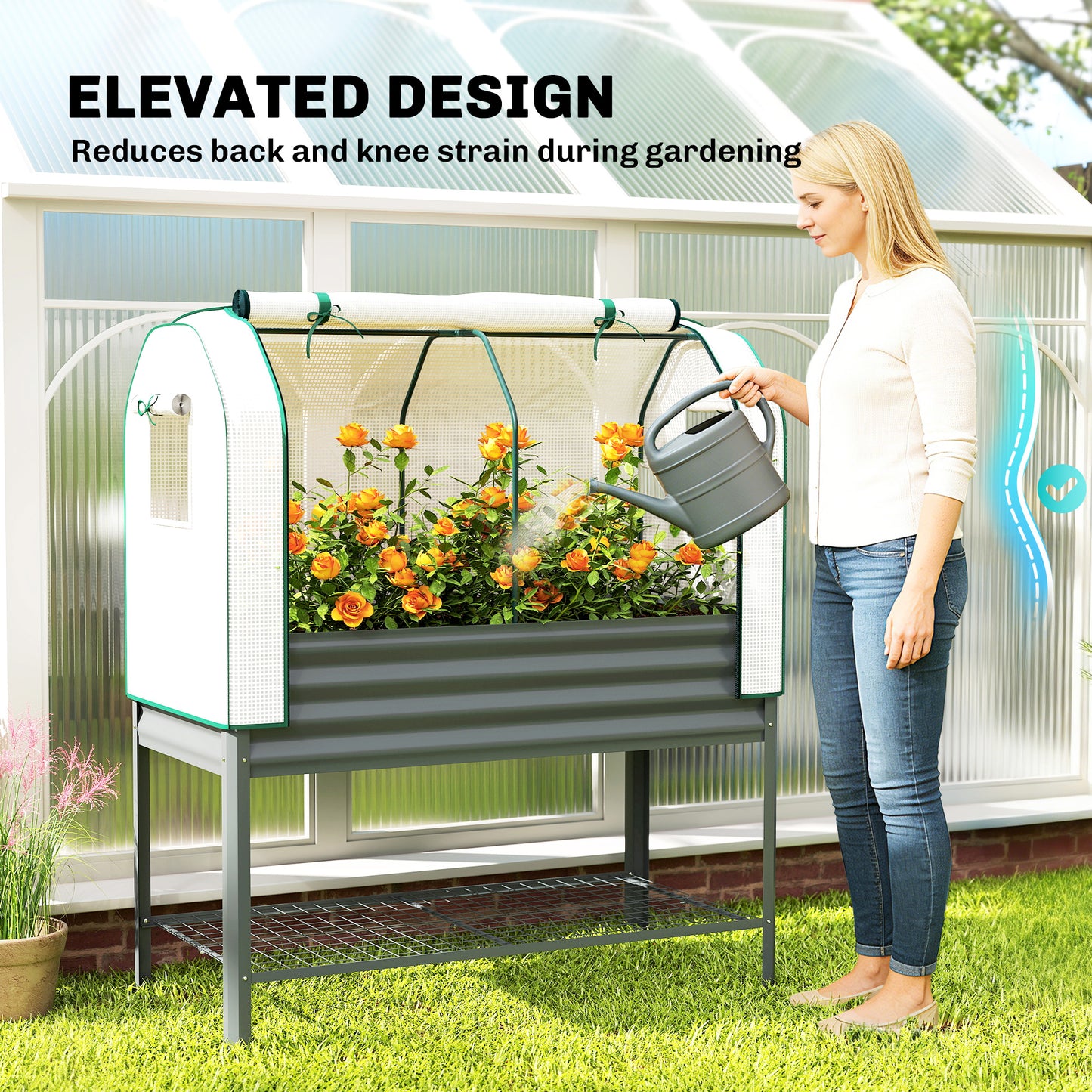 Galvanised Raised Garden Bed with Greenhouse Cover - Metal Elevated Planting Box, Dark Gray 1330x370x120mm