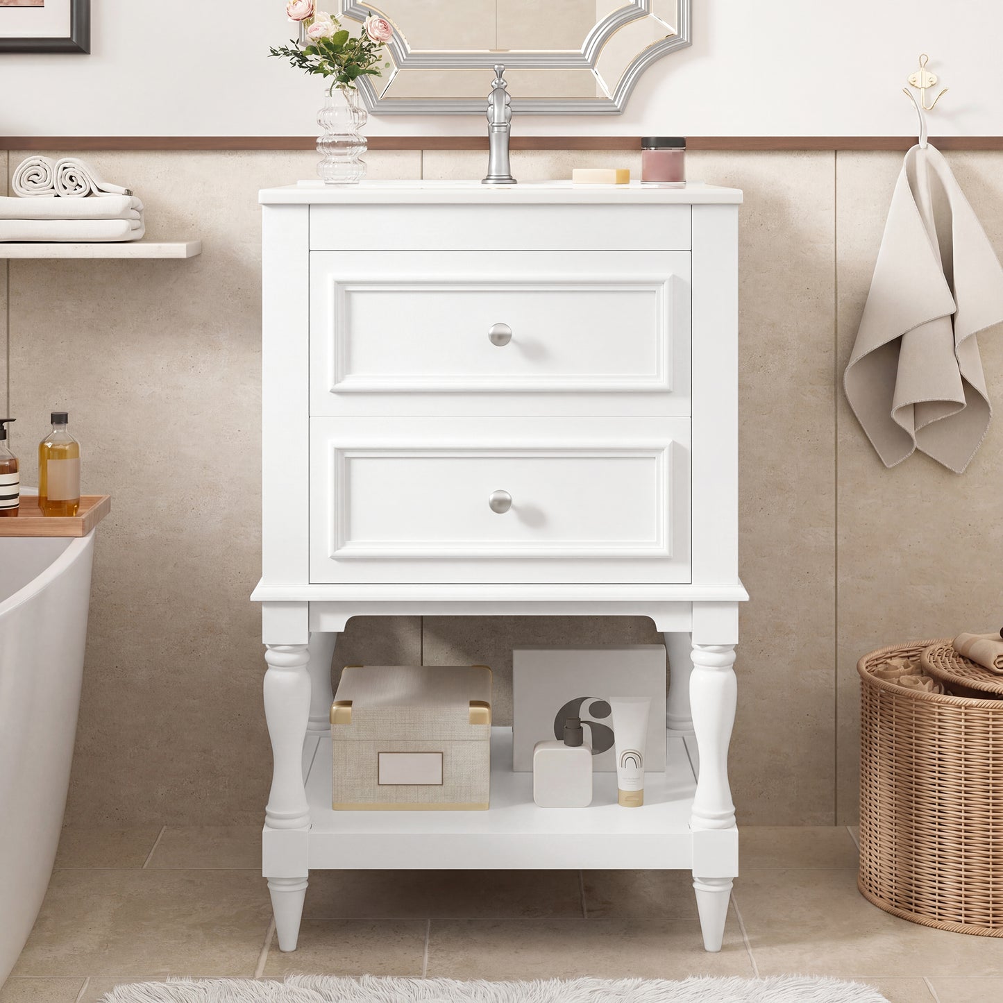 20'' White Bathroom Vanity with Ceramic Sink & Storage Cabinet