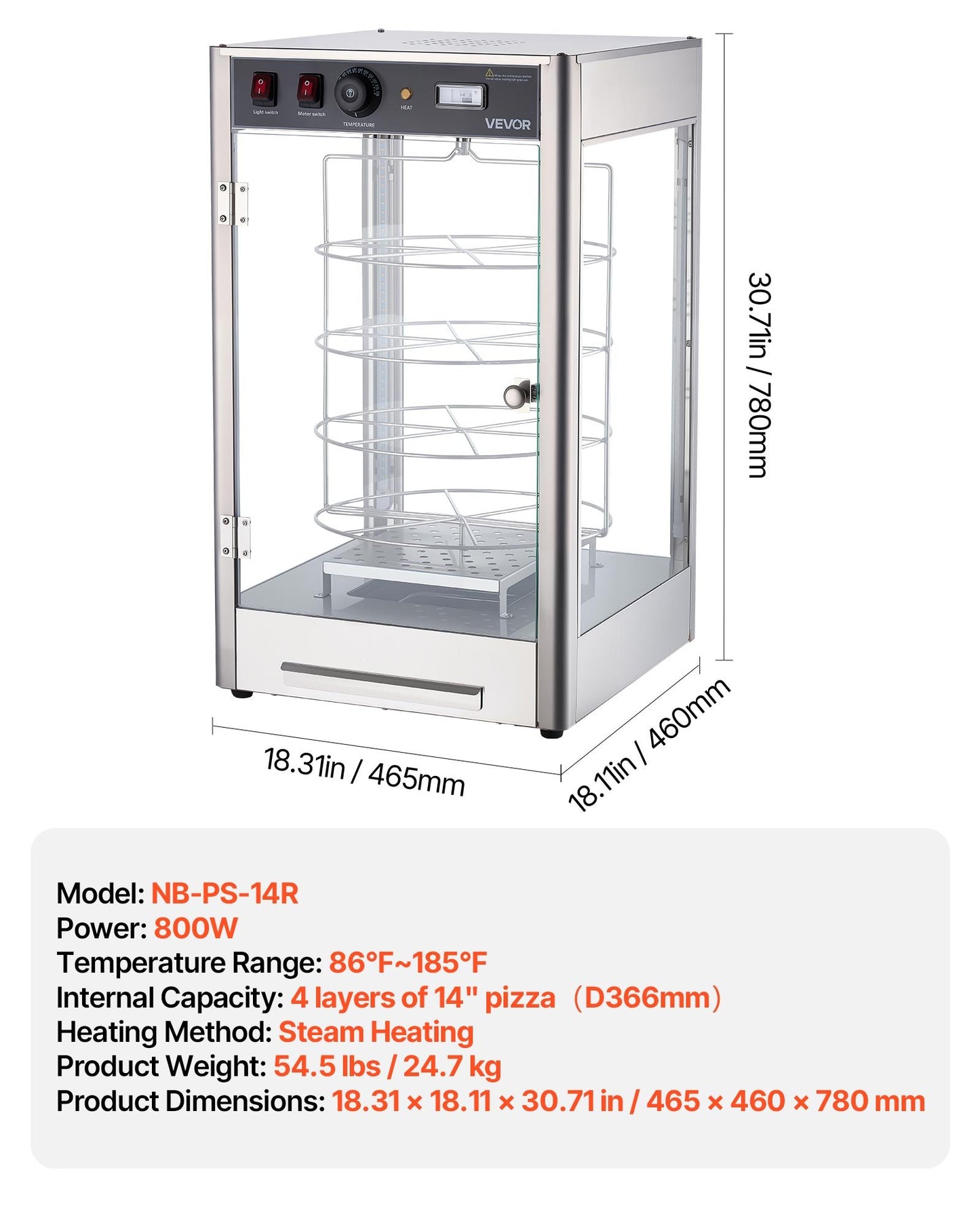 Commercial Pizza Warmer Display 4-Tier Steam Heated Food Warmer with Temp Control