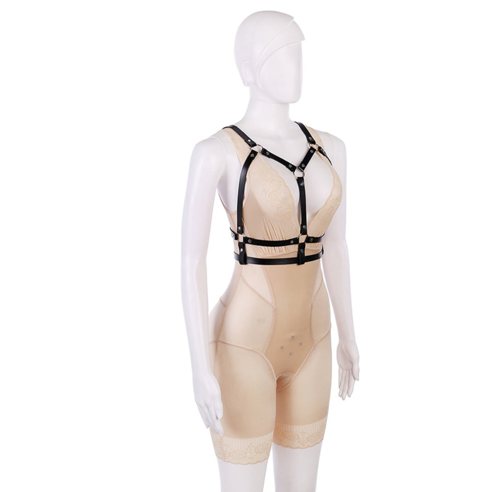 Faux Leather Gothic Chest Chain Harness for Women - Black