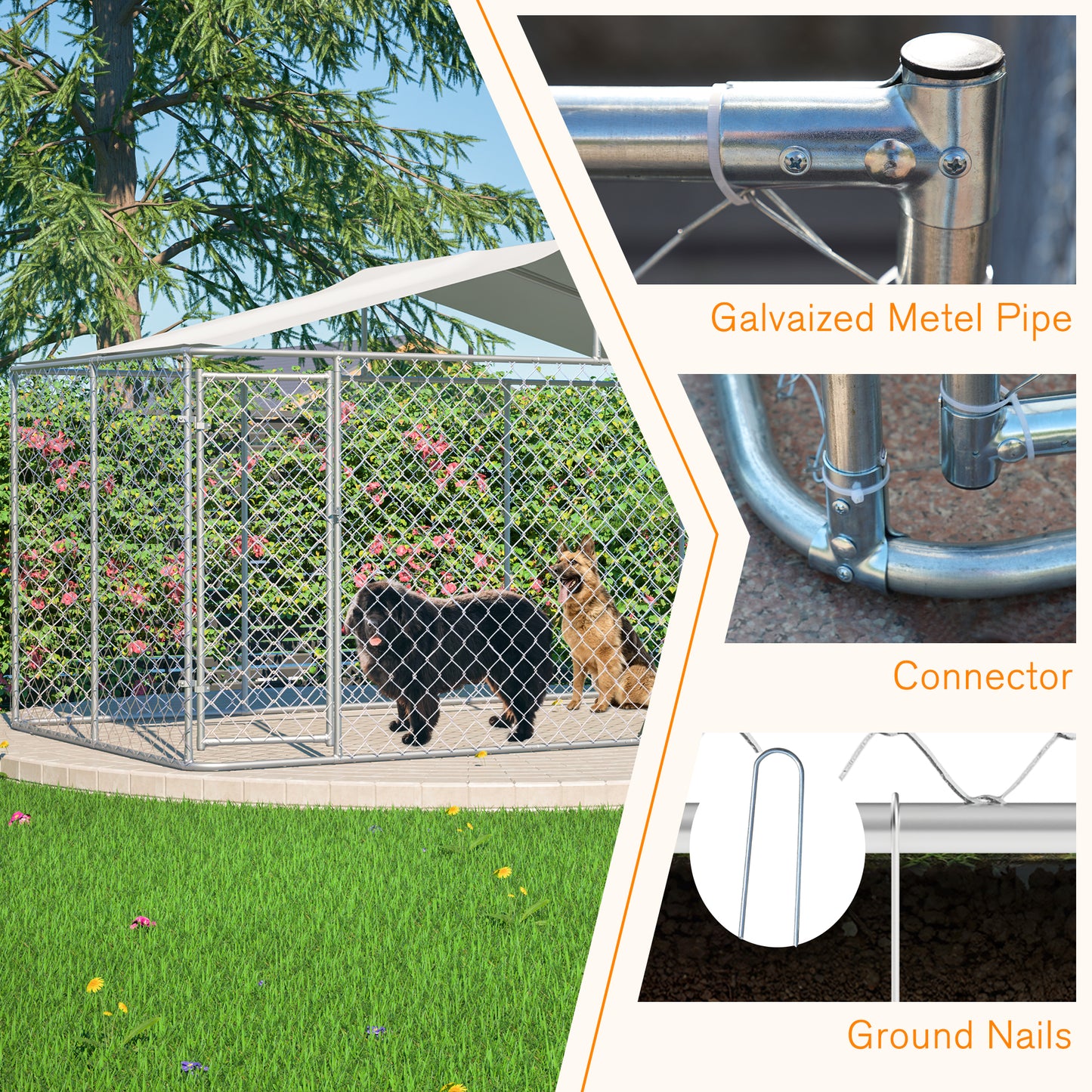 Heavy Duty Outdoor Dog Kennel 13.1x7.5x7.6 Ft, Galvanized Chain Link