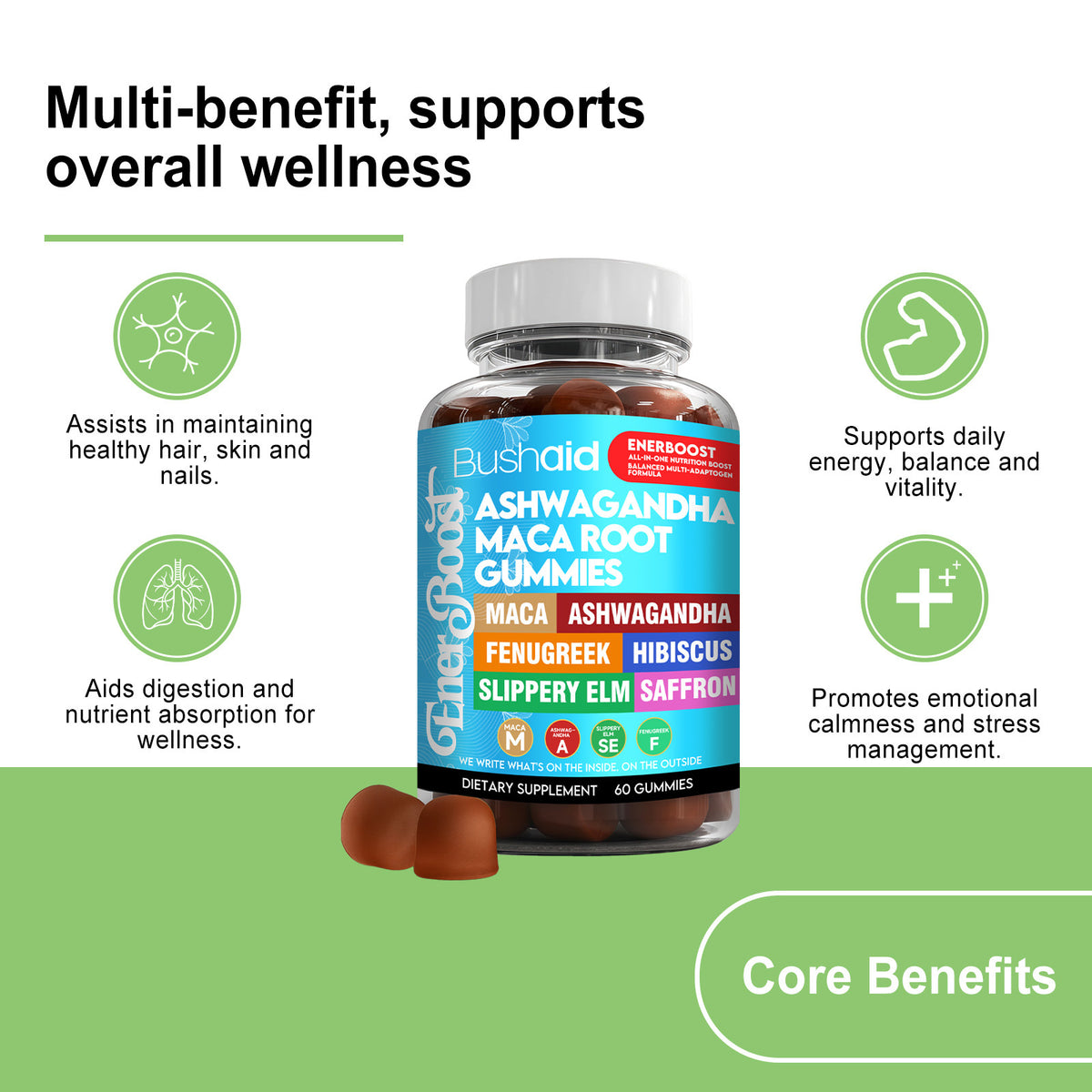 Herbal Dietary Supplement with Ashwagandha, Maca & Saffron - 60 Gummies
