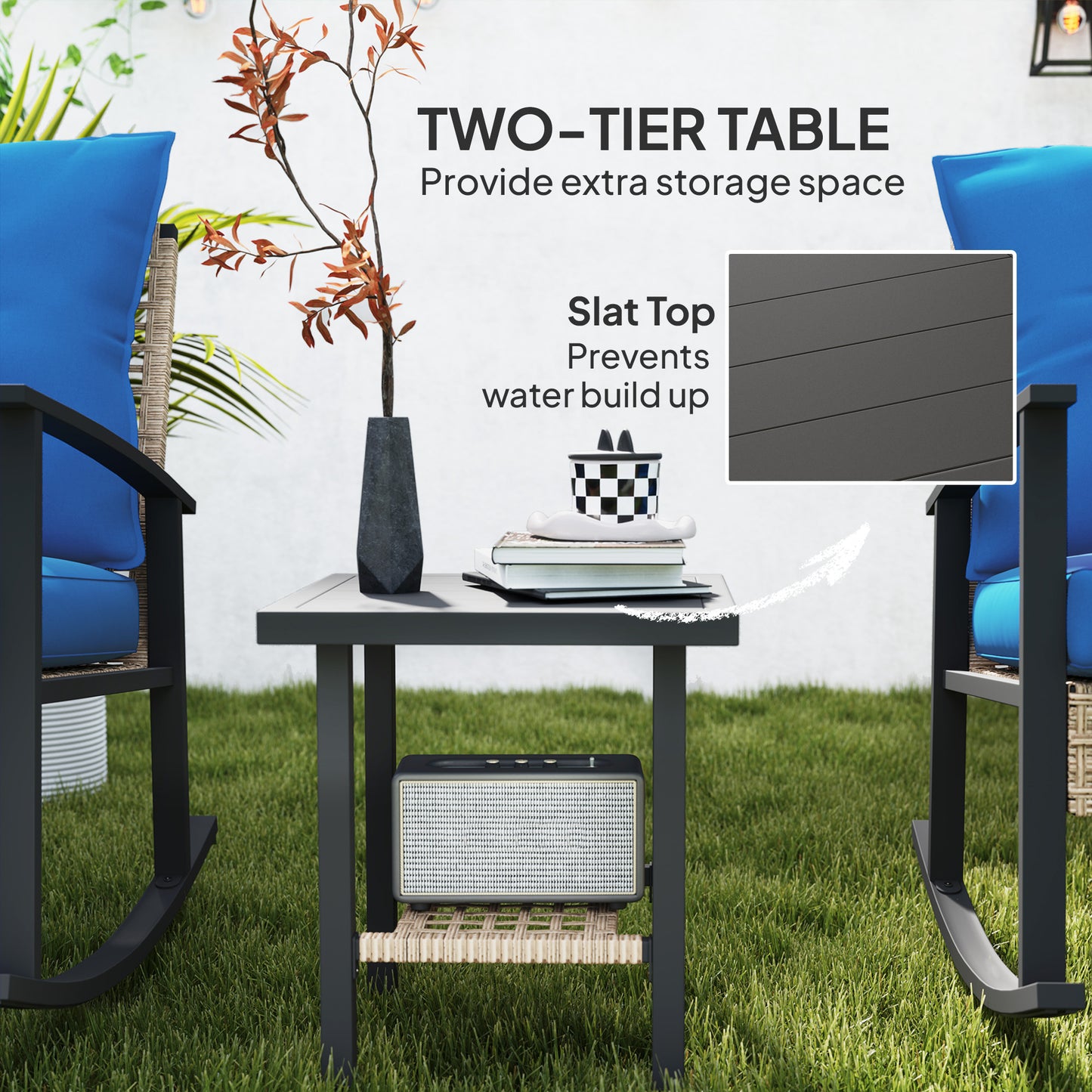3-Piece Outdoor Bistro Set with Rocking Chairs & Coffee Table - Blue