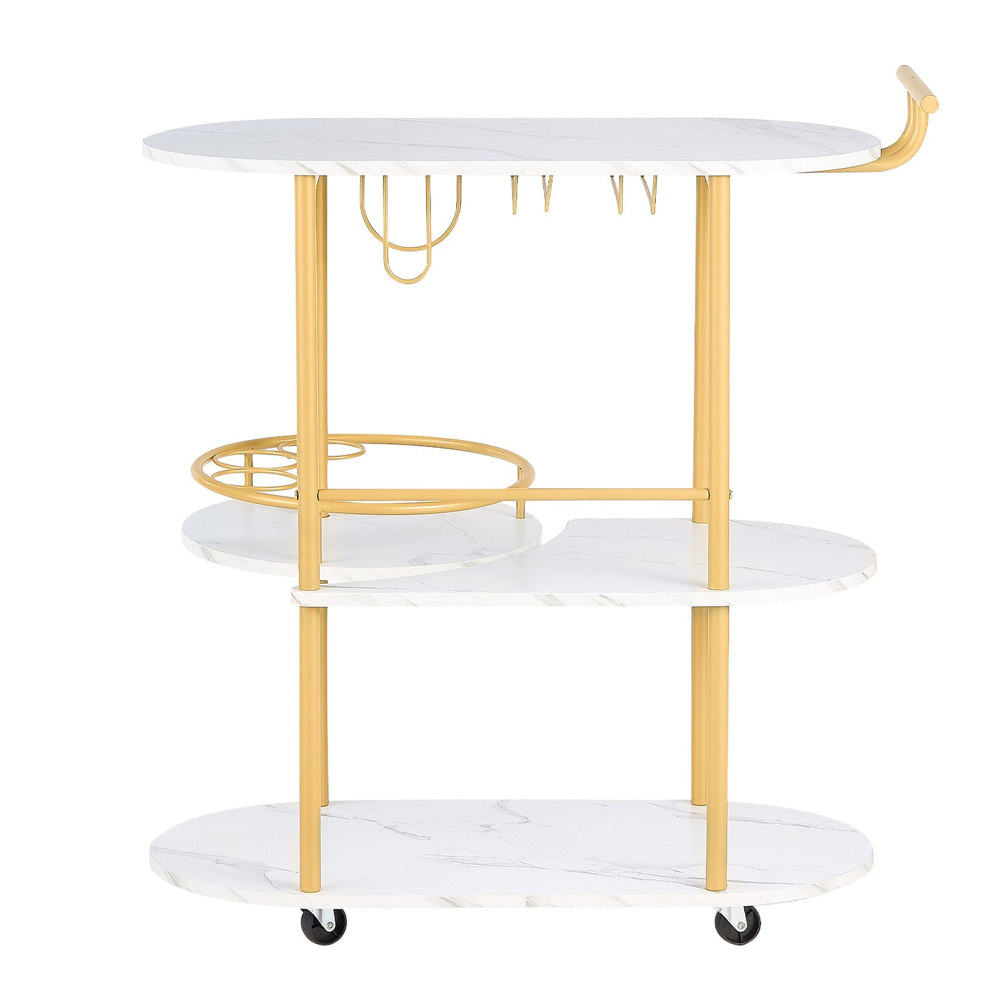 Bar Cart with 3 Tiers, Wooden Shelf, Wine Rack & Glass Holder - Gold Rolling Serving Trolley