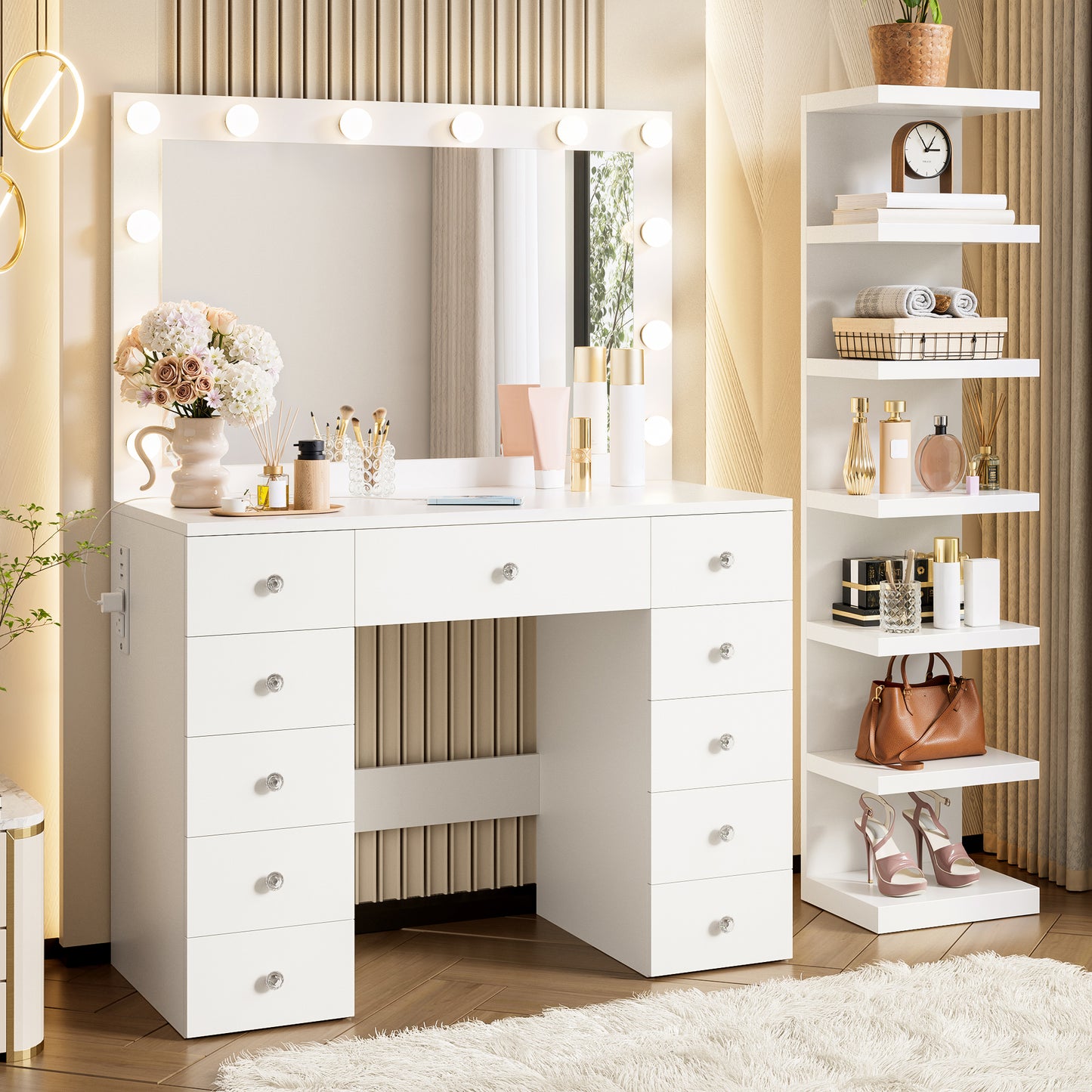Vanity Desk With 11 Hollywood Bulbs & 7-Tier Storage Shelves , Makeup